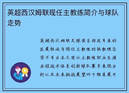 英超西汉姆联现任主教练简介与球队走势